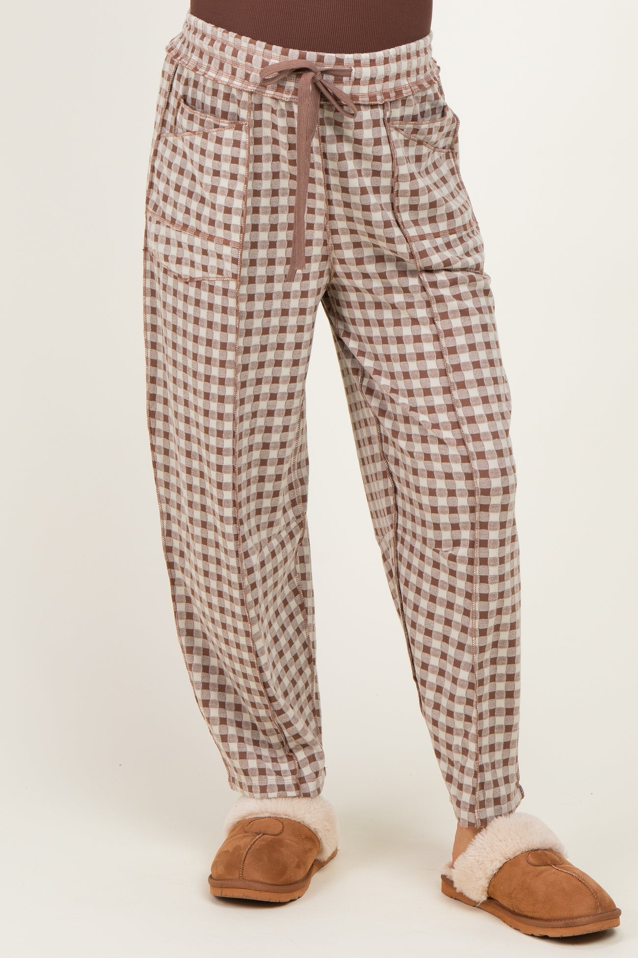 Mocha Gingham Barrel Leg Maternity Pants