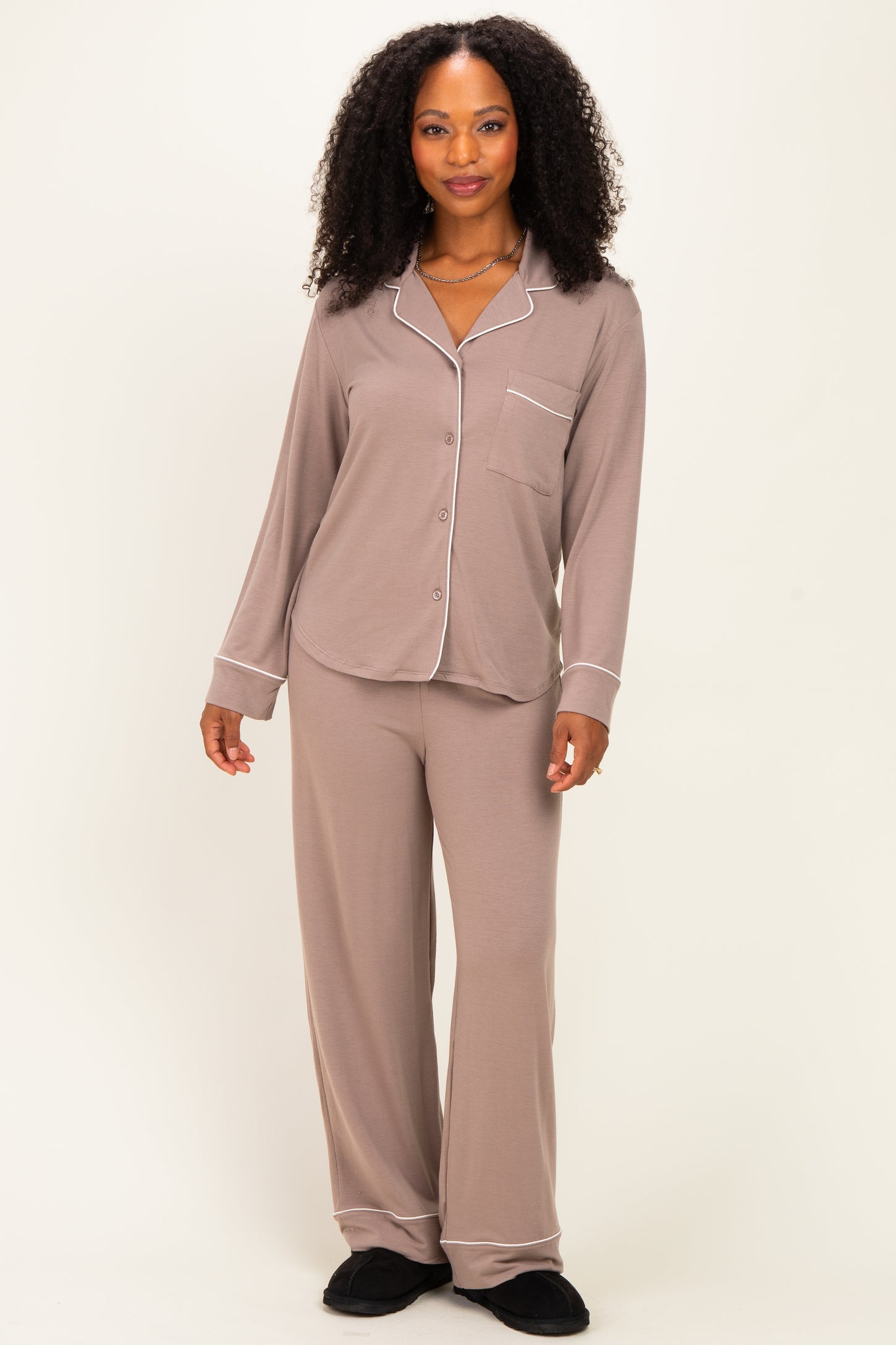 Cocoa Button Down Top Wide Leg Pant Maternity Pajama Set