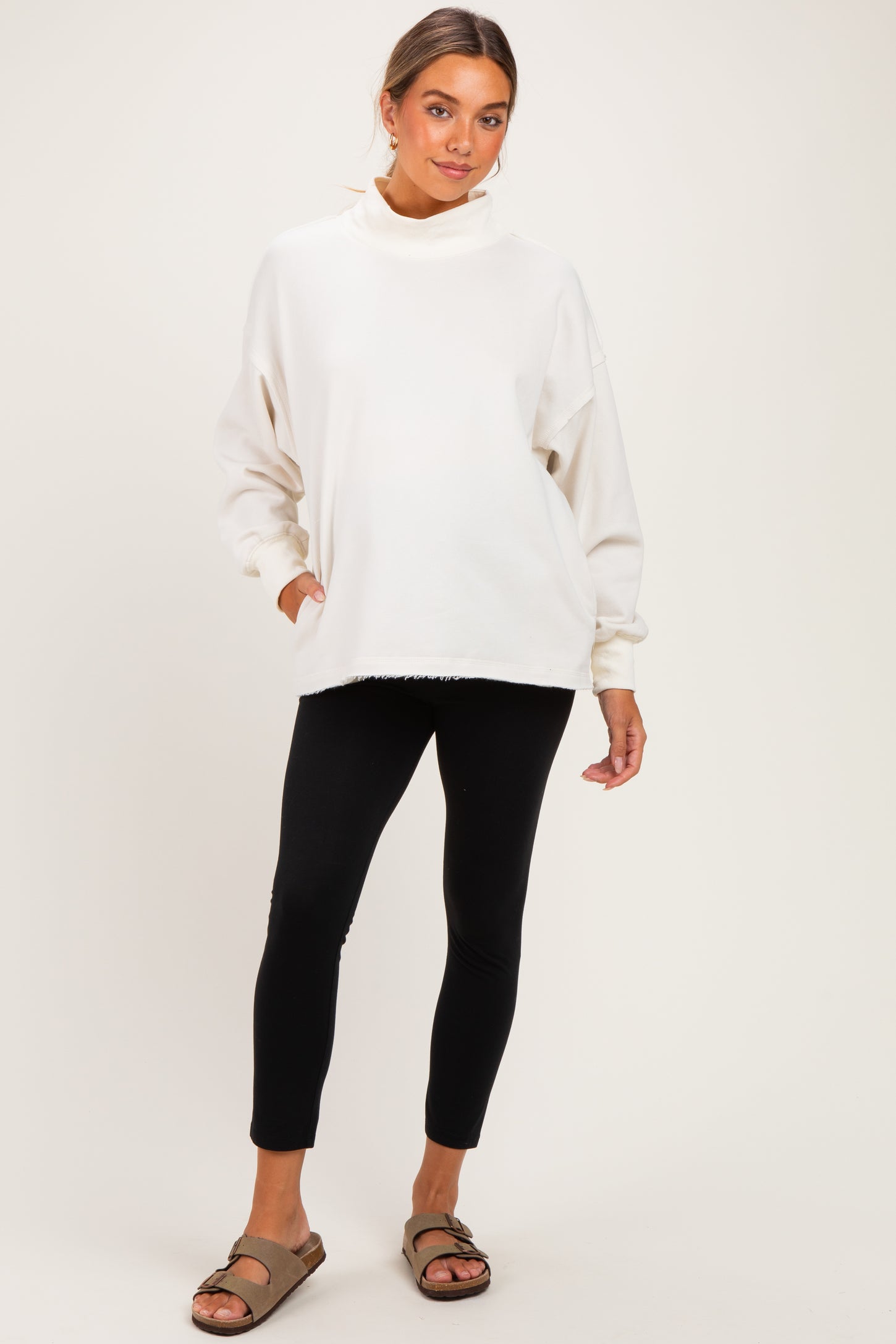 Clean Ivory Washed Oversized Mock Neck Maternity Sweatshirt