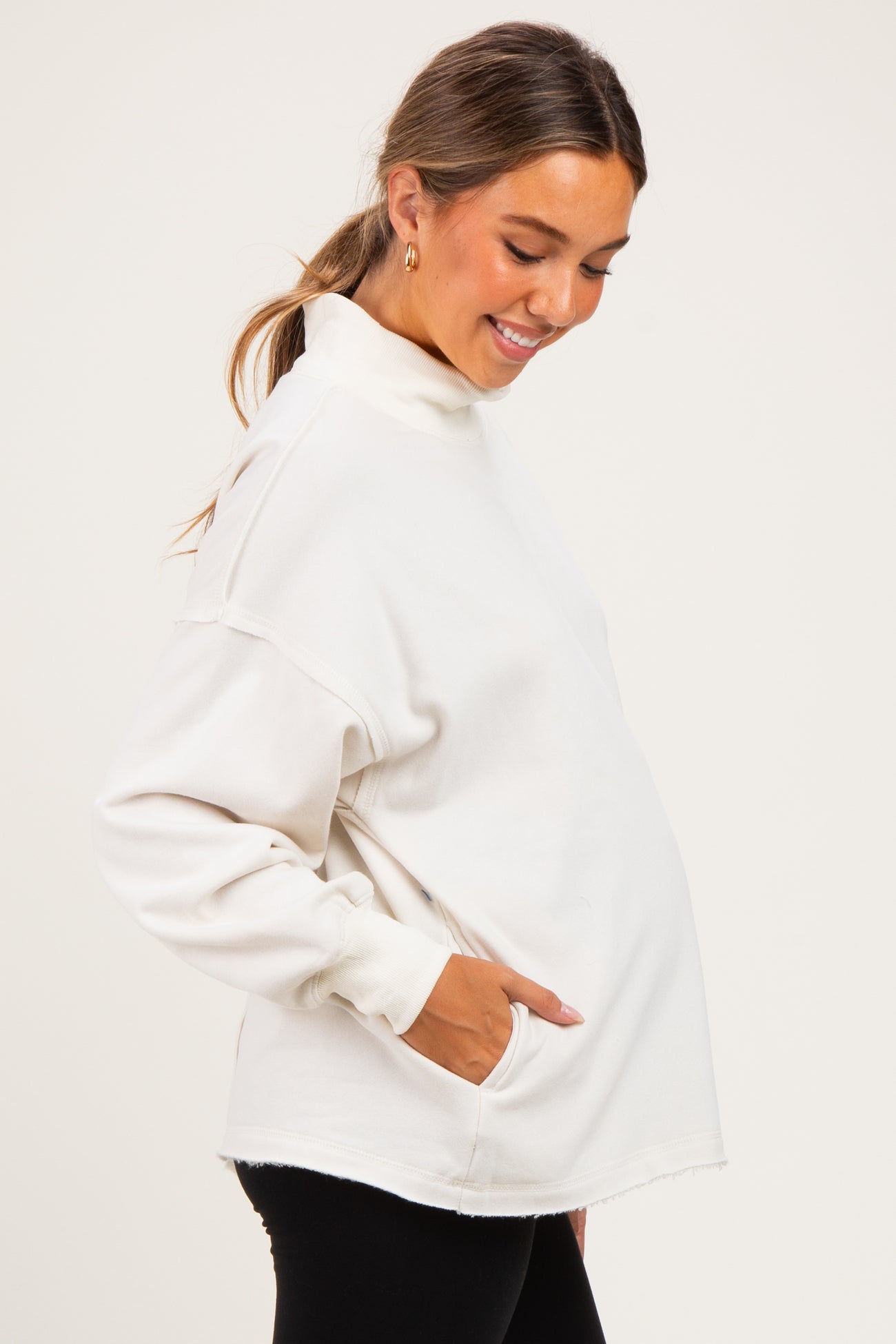 Clean Ivory Washed Oversized Mock Neck Maternity Sweatshirt