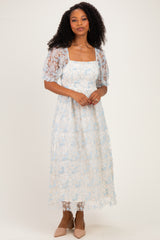 Light Blue Floral Mesh Overlay Tie Back Midi Dress