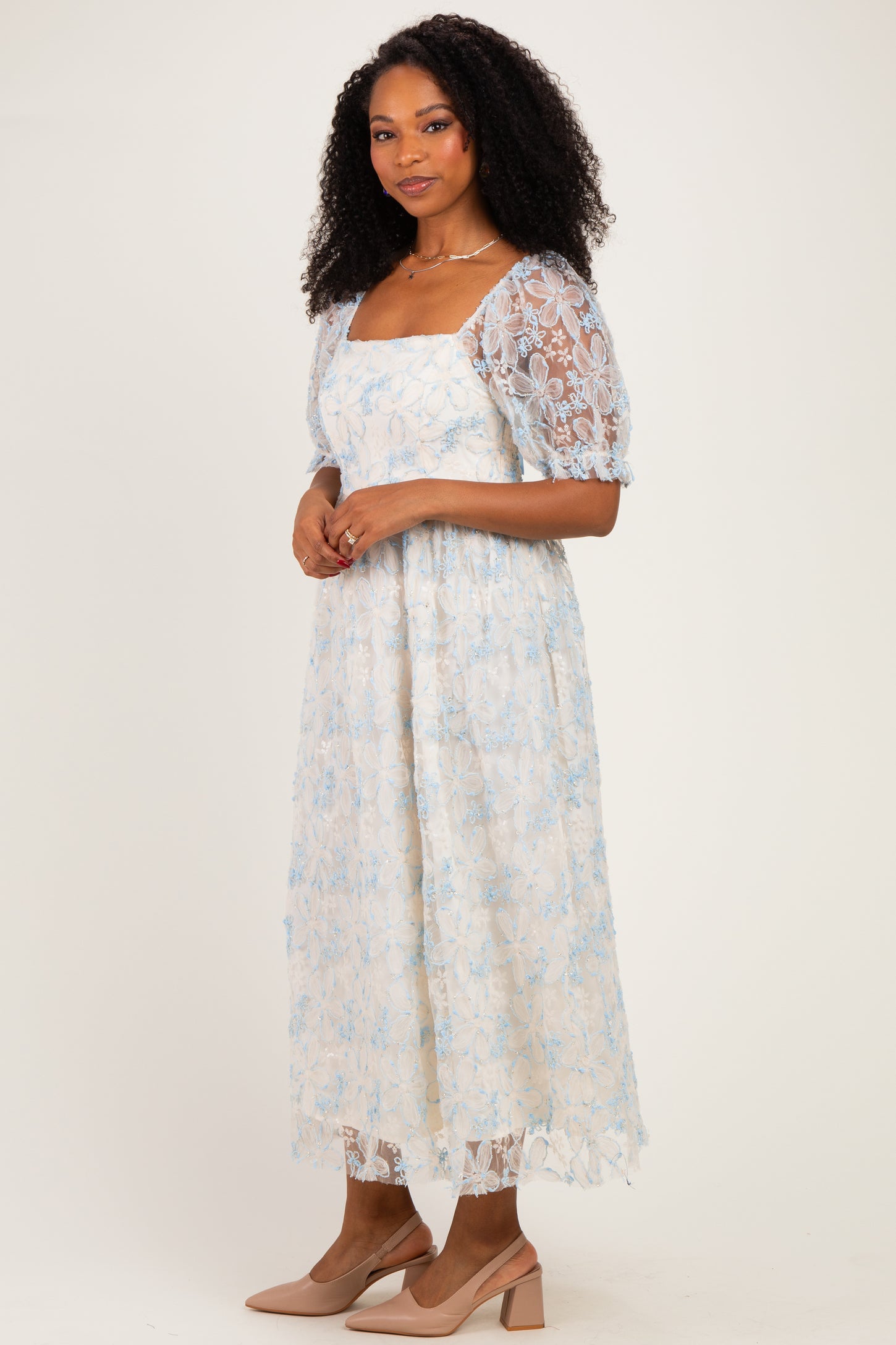 Light Blue Floral Mesh Overlay Tie Back Midi Dress