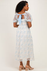 Light Blue Floral Mesh Overlay Tie Back Midi Dress