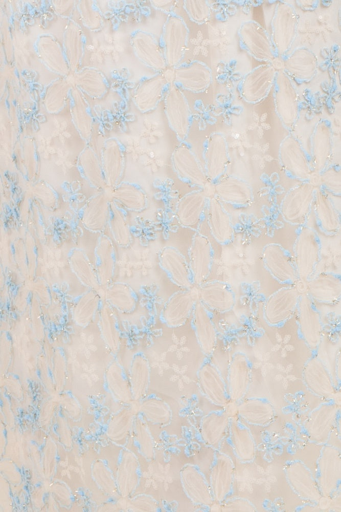 maternity wear featuring white fabric with intricate blue floral embroidery and delicate detailing