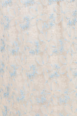 maternity wear featuring white fabric with intricate blue floral embroidery and delicate detailing