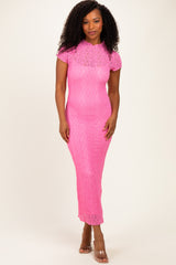 Pink Sheer Lace Overlay Short Sleeve Maternity Midi Dress