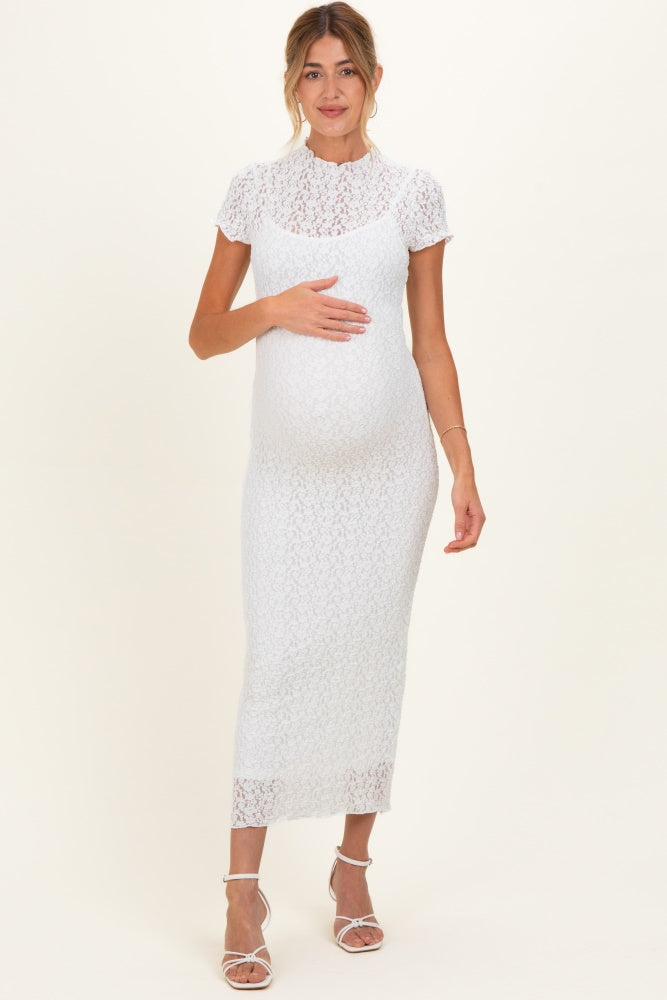 White Sheer Lace Overlay Short Sleeve Maternity Midi Dress