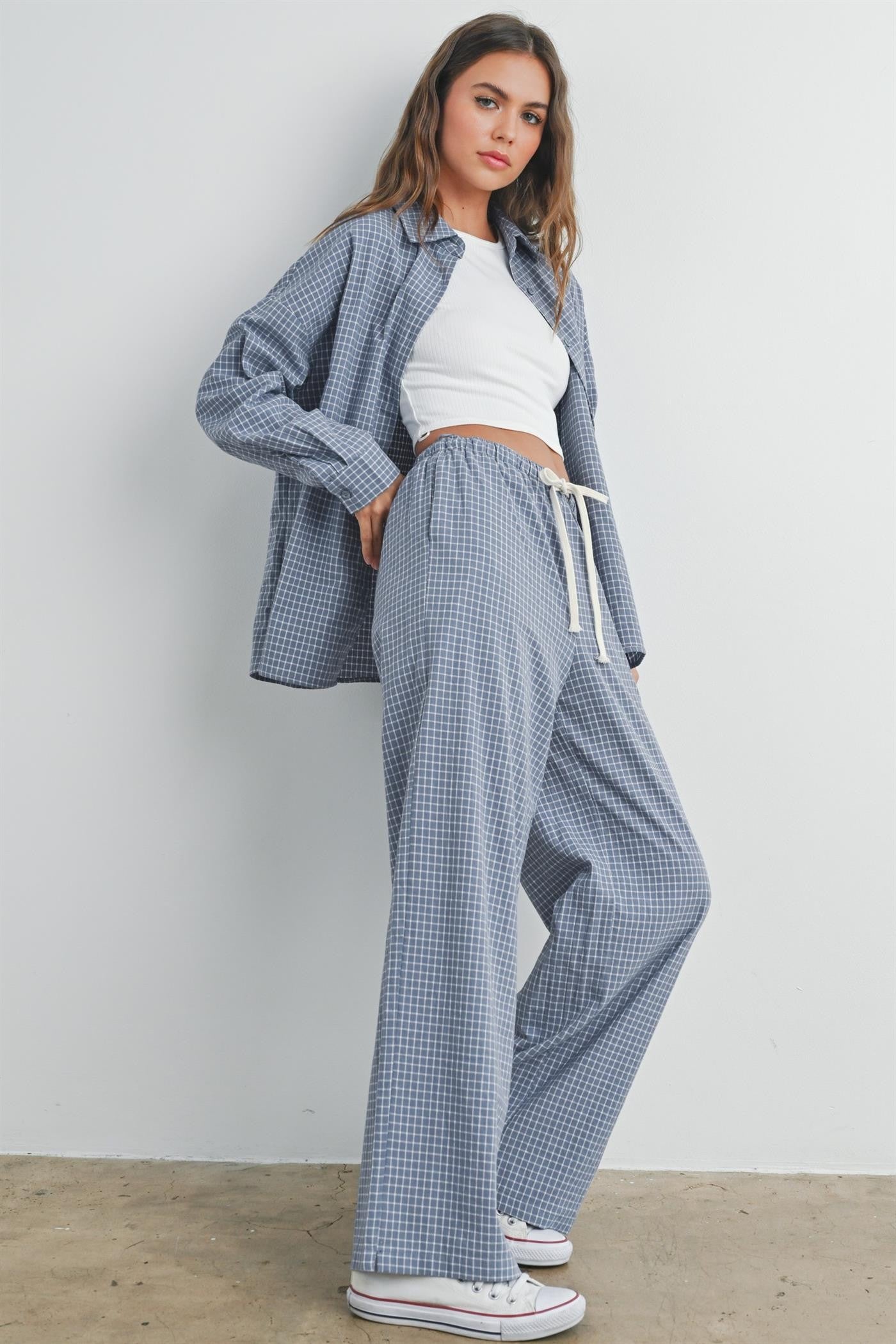 Blue Multi Drawstring Checkered Maternity Pants