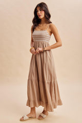Beach Sand Embroidered Smocked Maxi Dress