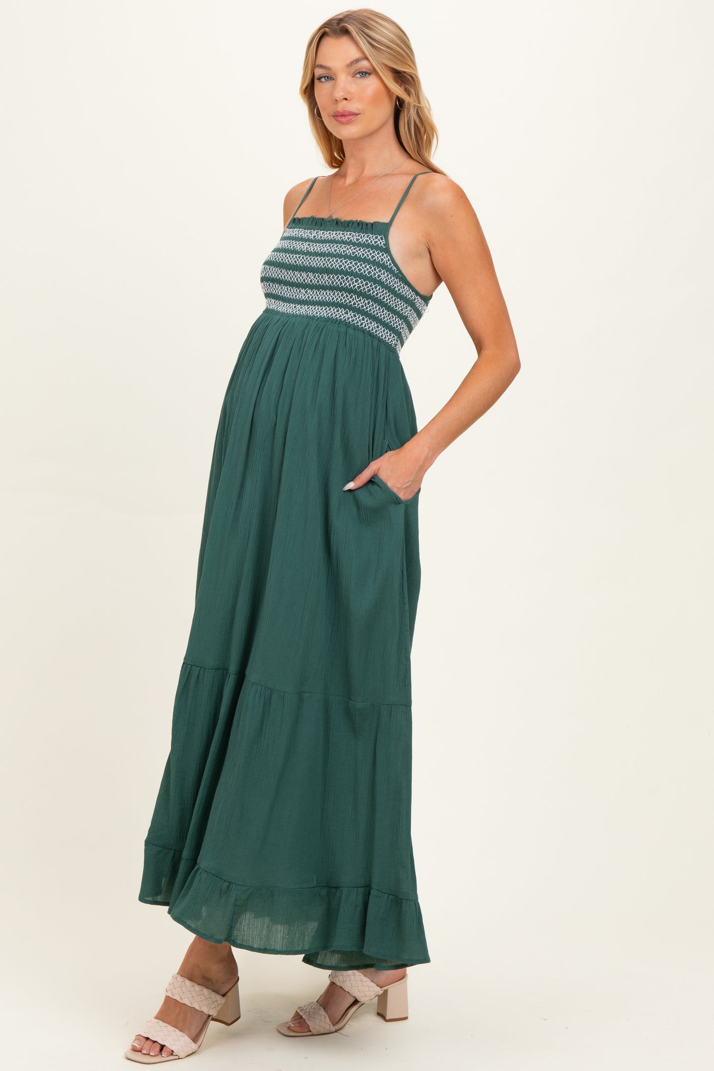 Rich Teal Embroidered Smocked Maternity Maxi Dress