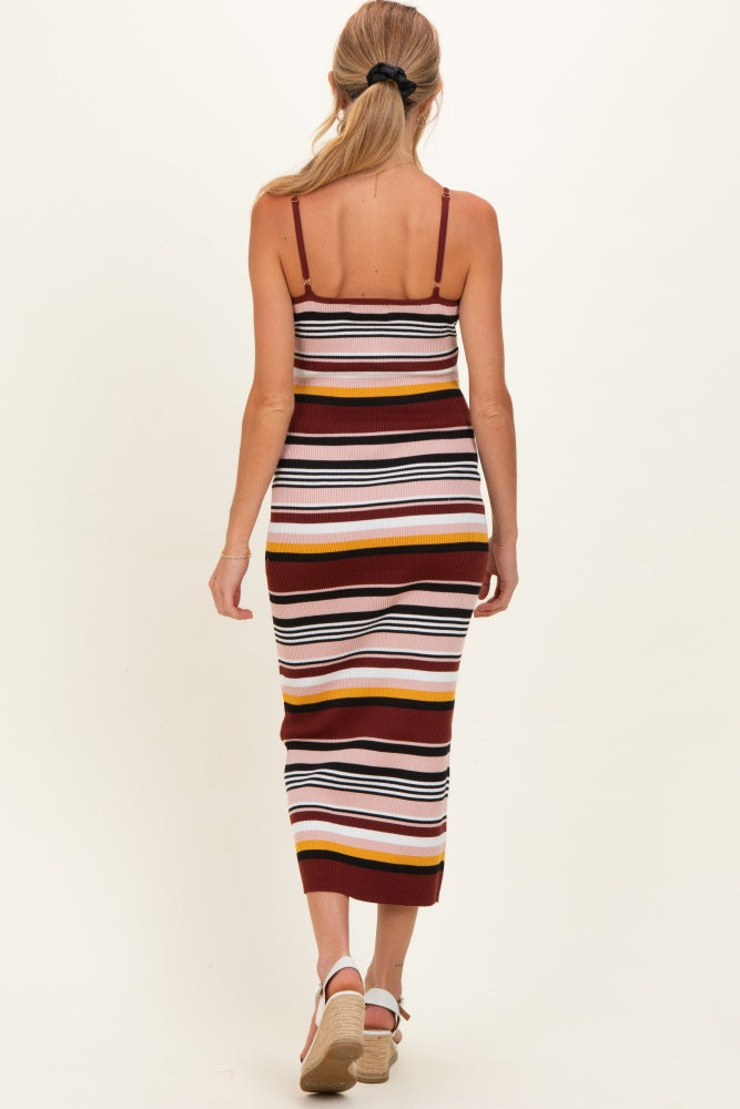 Burgundy Multi Stripe Knit Maternity Midi Dress