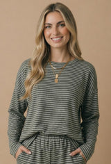 Olive Striped Oversized French Terry Top