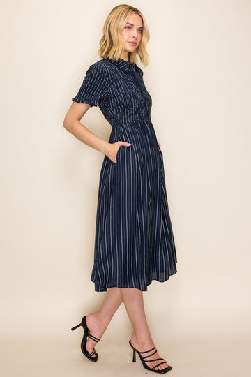 Navy Striped Smocked Shirt Dress
