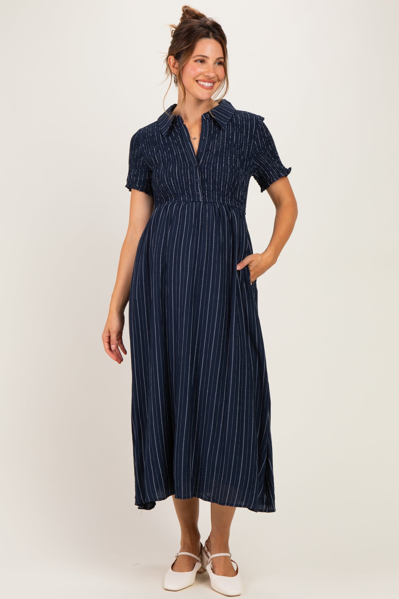 Navy Striped Smocked Maternity Shirt Dress