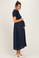 Navy Striped Smocked Maternity Shirt Dress