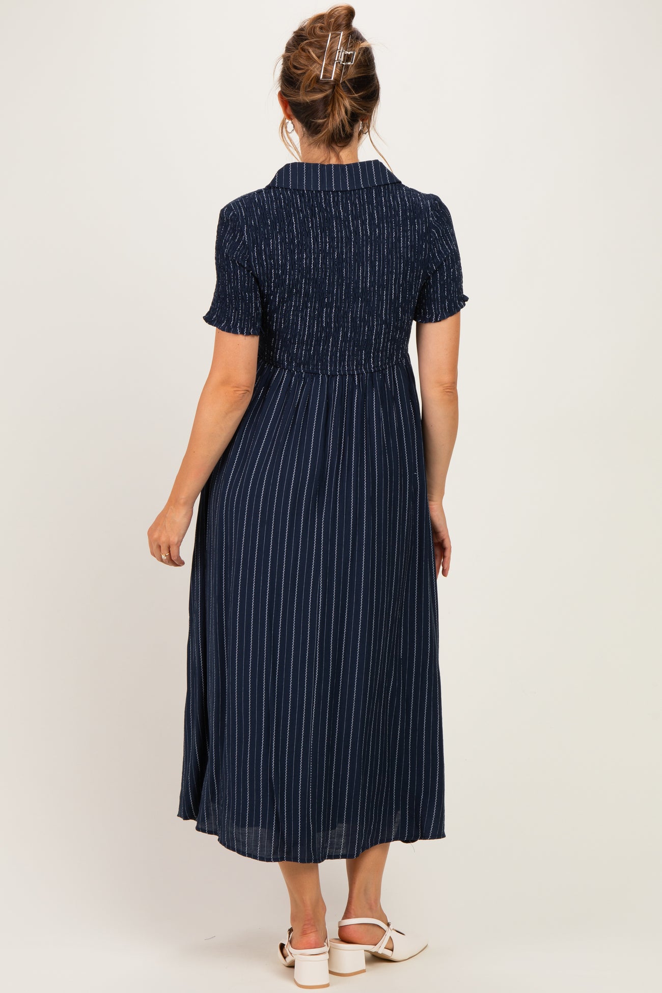 Navy Striped Smocked Maternity Shirt Dress