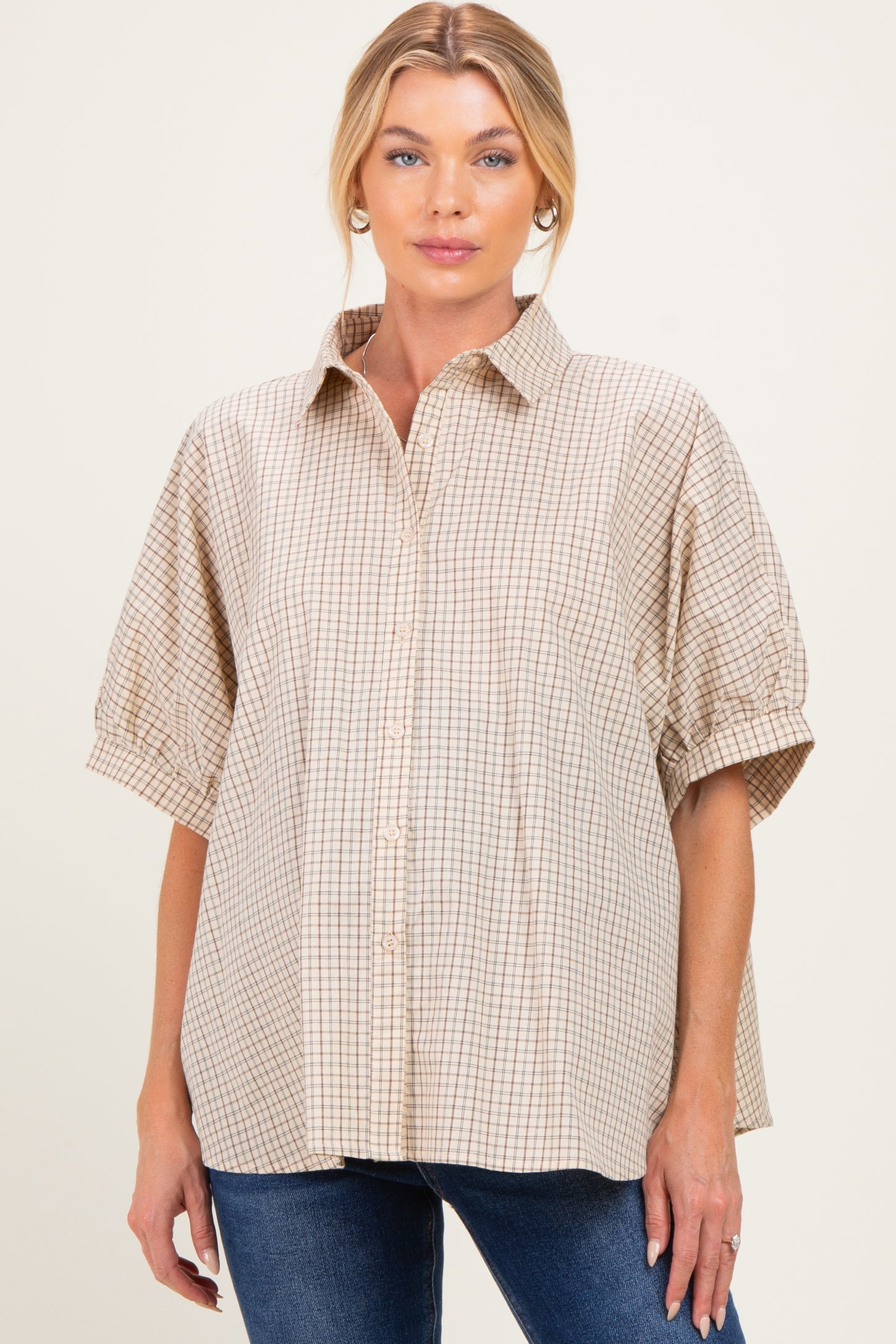 Oatmeal Oversized Check Plaid Maternity Button Down Shirt