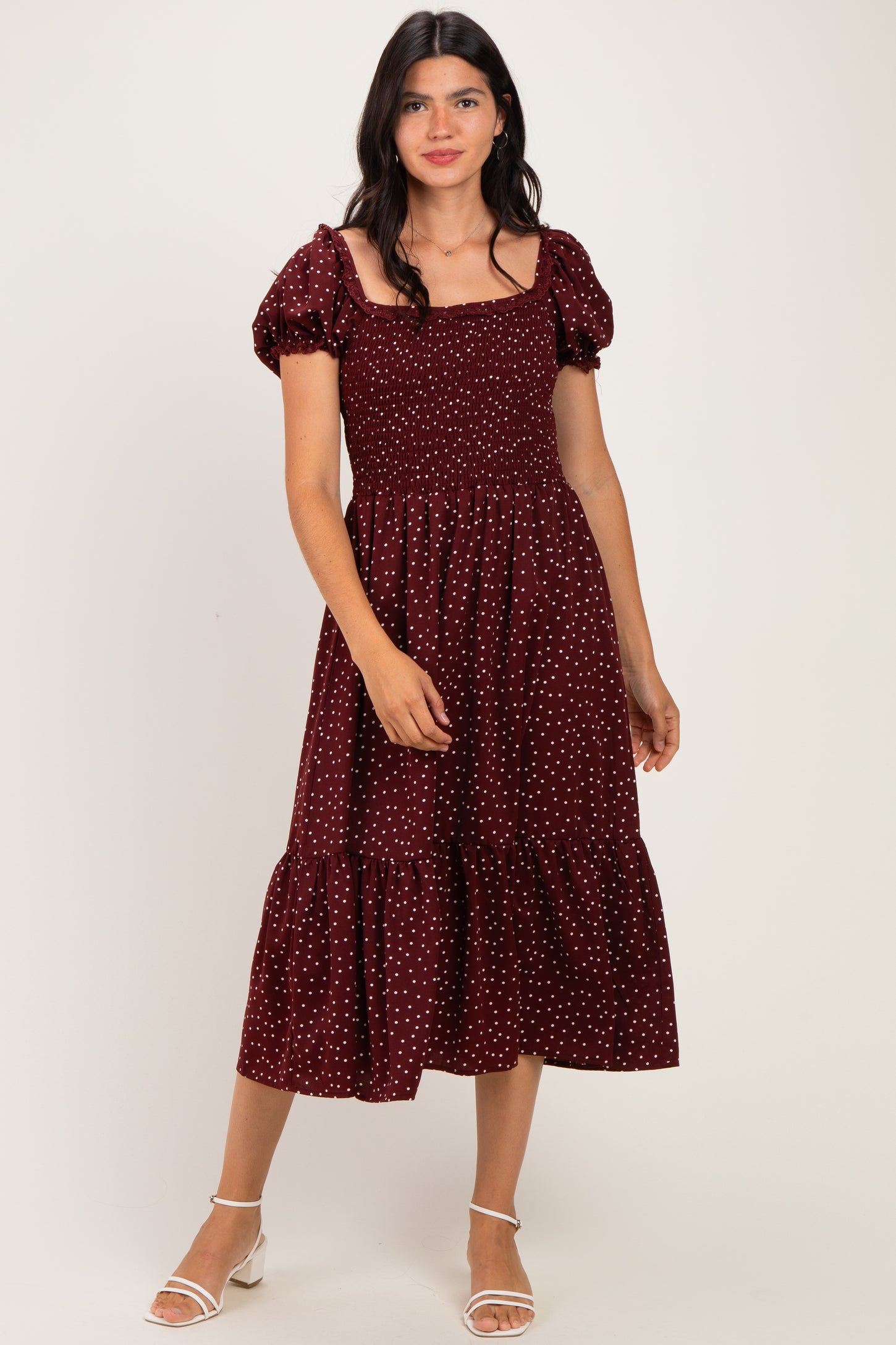 Burgundy Satin Polka Dot Puff Sleeve Maternity Midi Dress