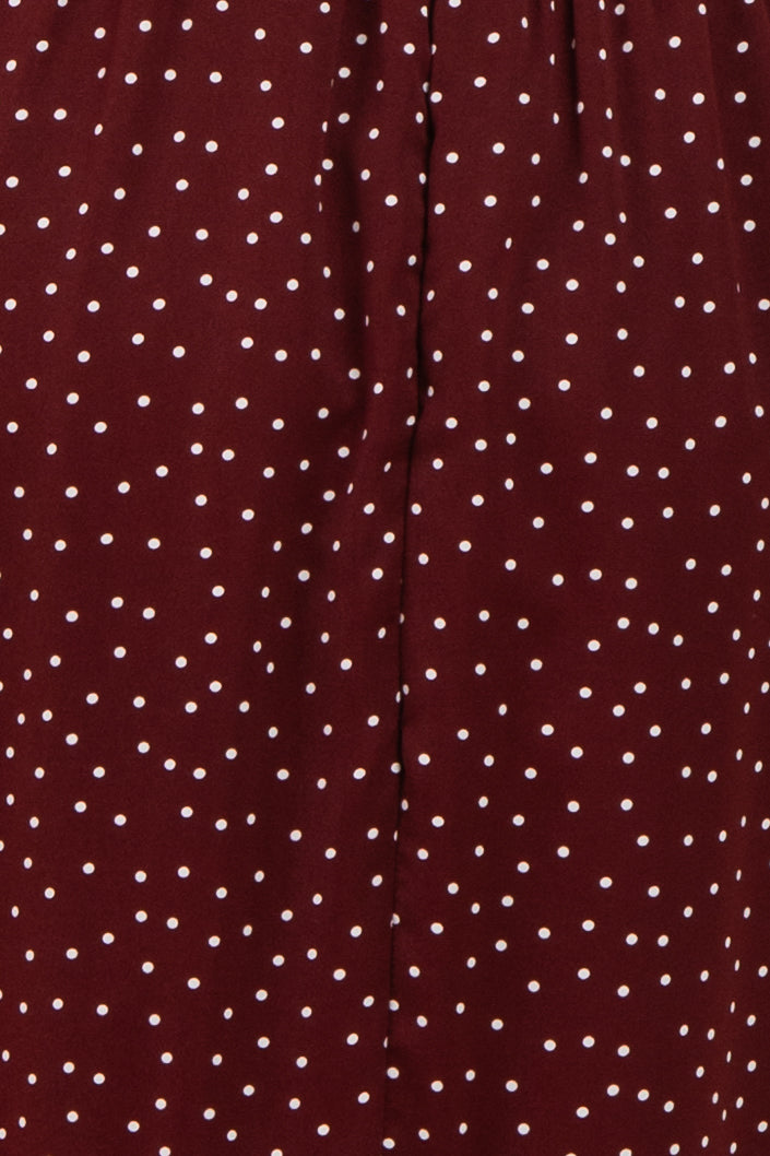 burgundy skirt with white polka dots and a gathered waistband detail