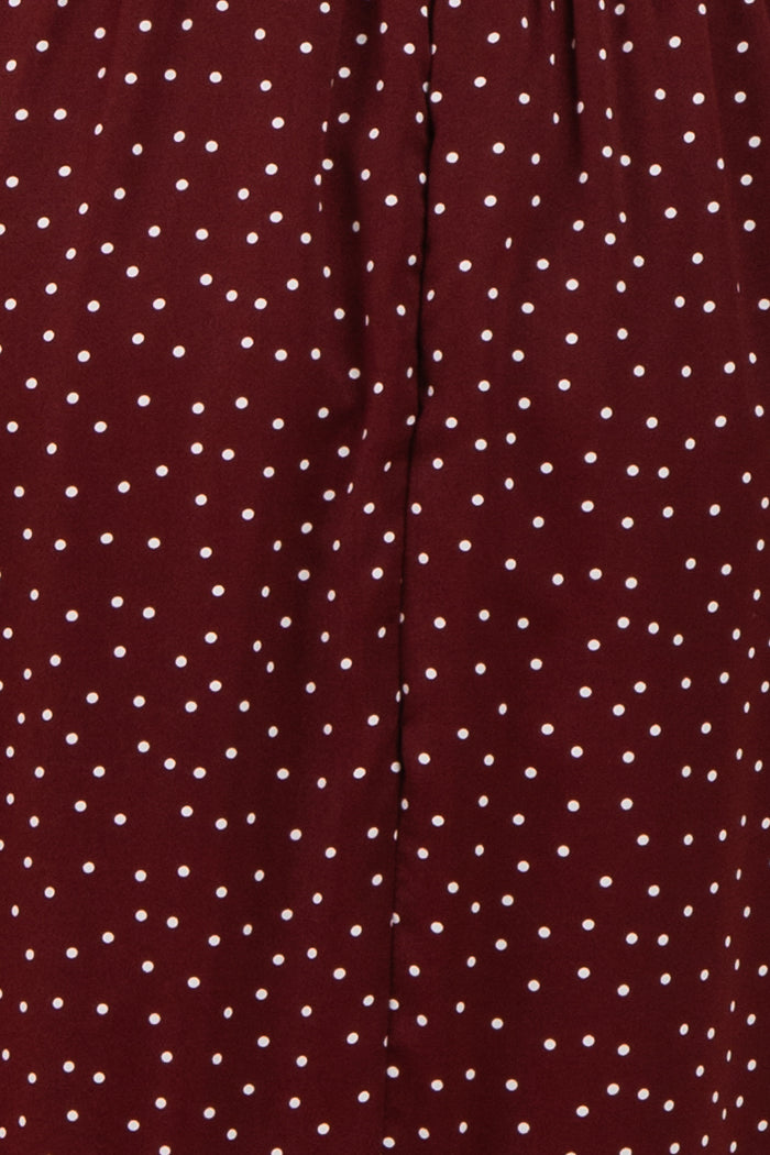 burgundy skirt with white polka dots and a gathered waistband detail