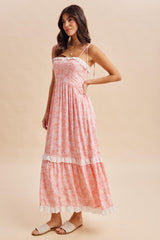 Candy Pink Floral Shoulder Tie Ruffle Detail Maxi Dress