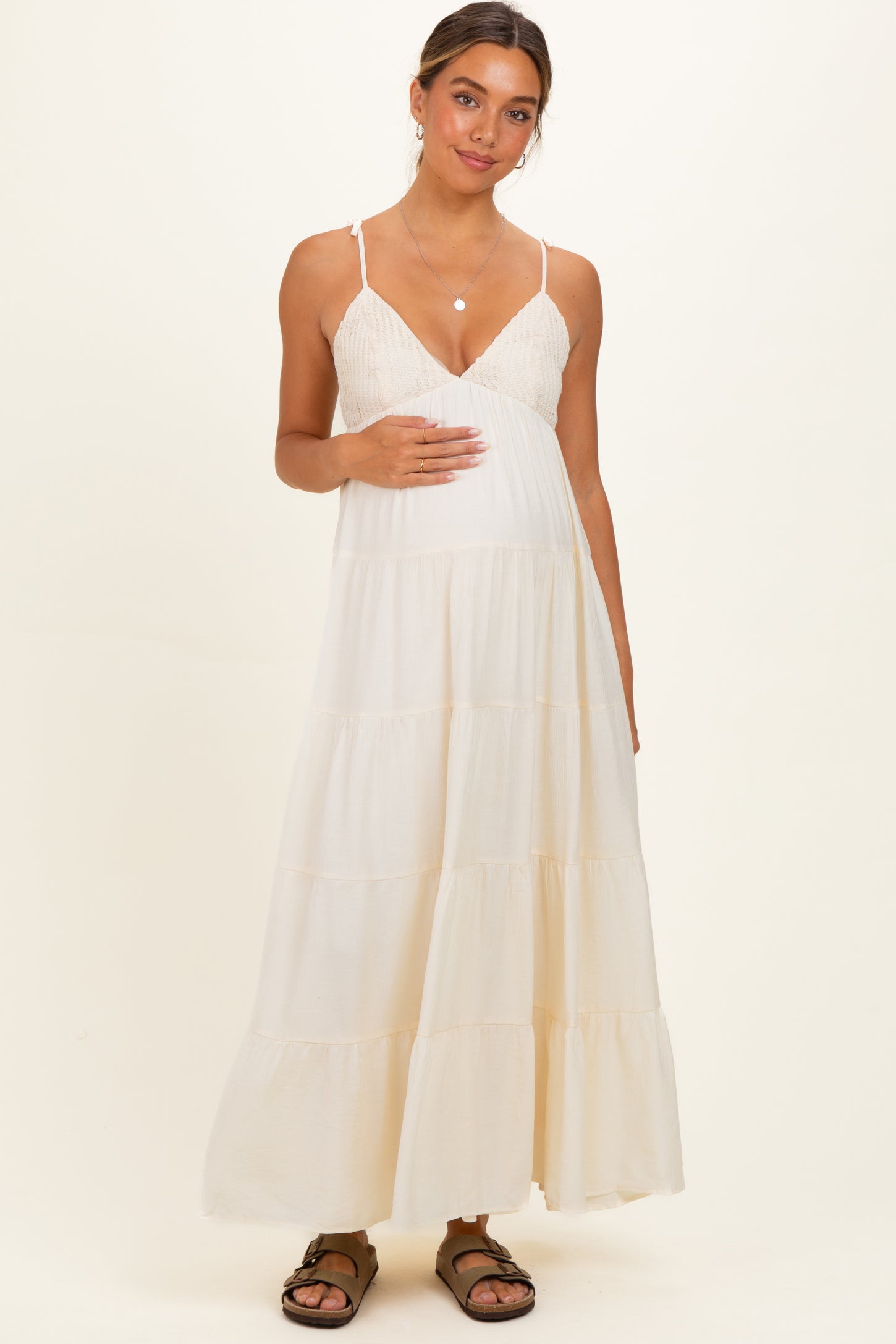 Cream Crochet Detail Tiered Shoulder Tie Maternity Maxi Dress