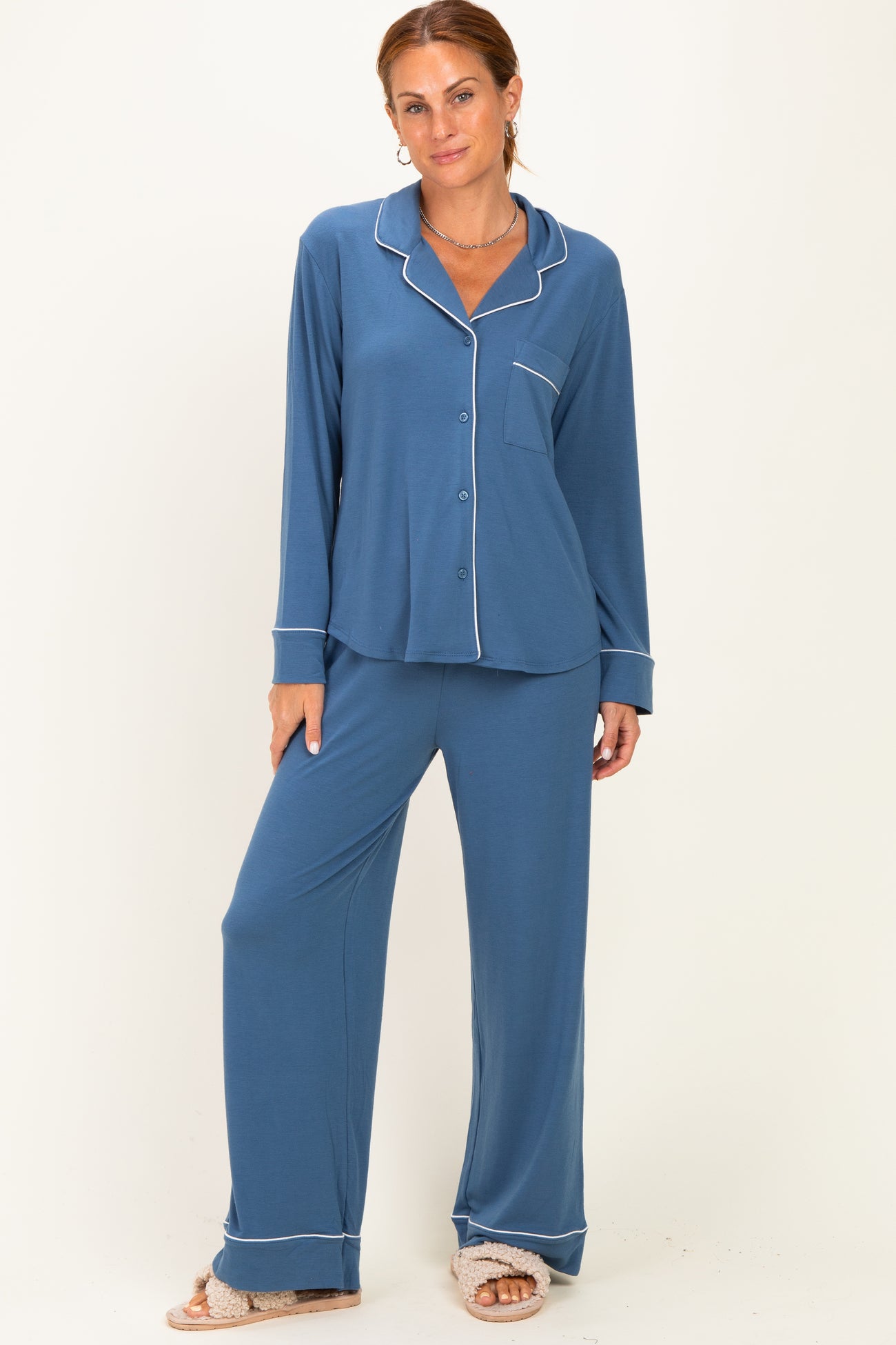 Light Navy Button Down Top Wide Leg Pant Pajama Set