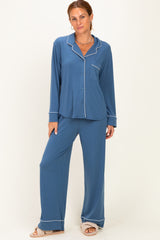 Light Navy Button Down Top Wide Leg Pant Maternity Pajama Set