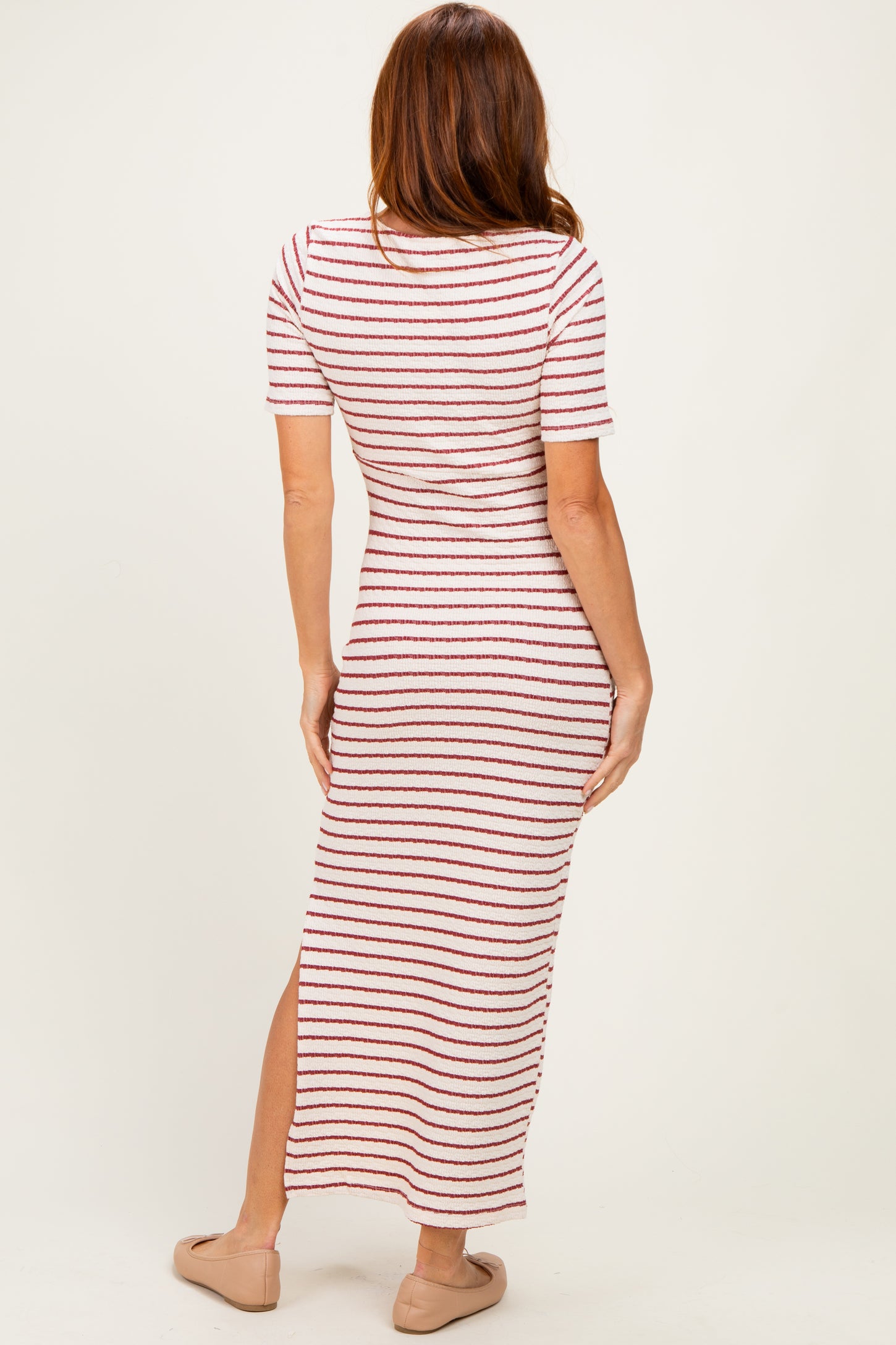 Cream/ Burgundy Striped Knit Short Sleeve Maxi Dress