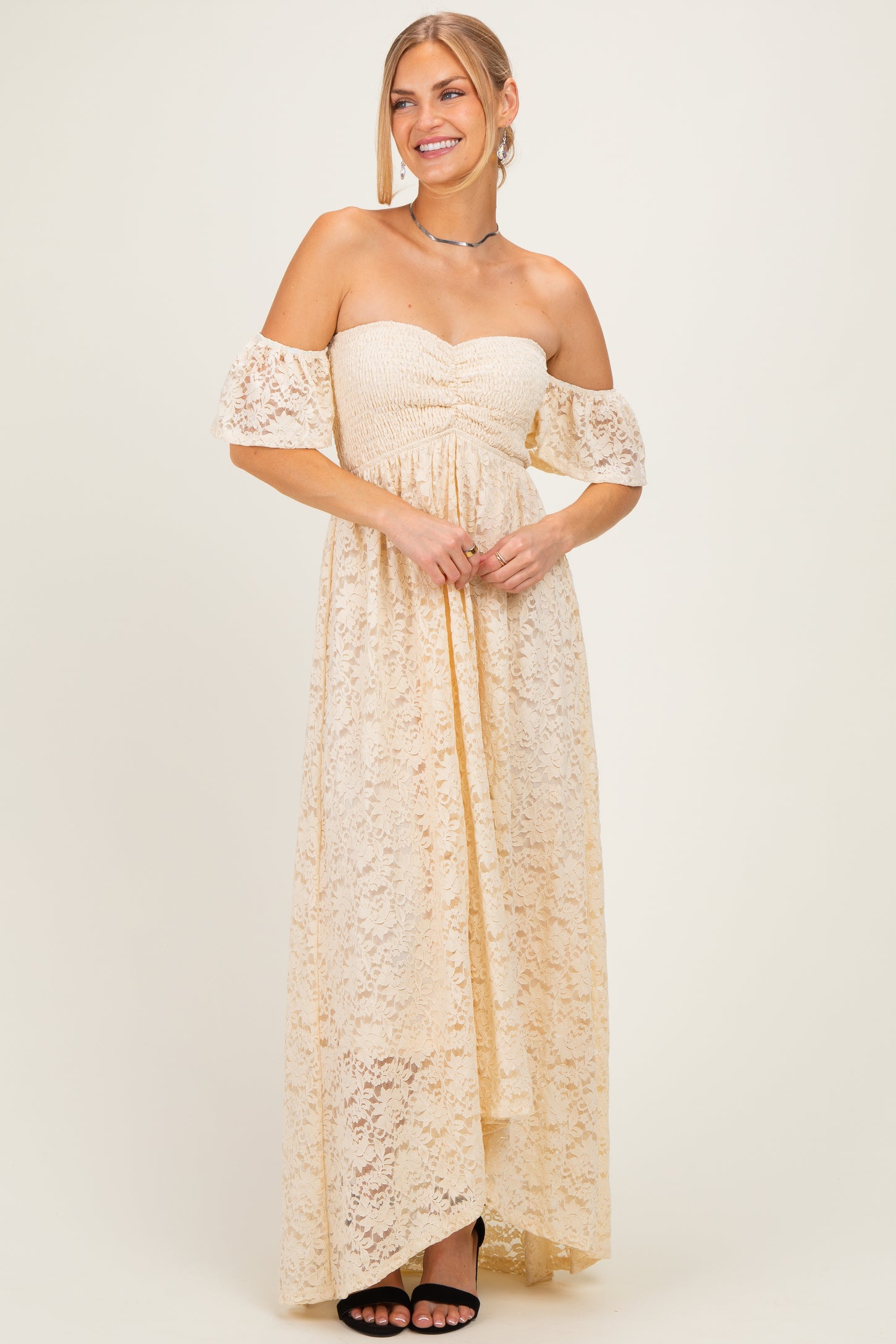 Ivory Lace Off Shoulder Maxi Dress