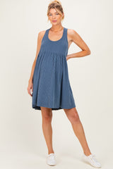 Blue Ribbed Sleeveless Open Back Maternity Midi Dress