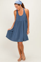Blue Ribbed Sleeveless Open Back Maternity Midi Dress