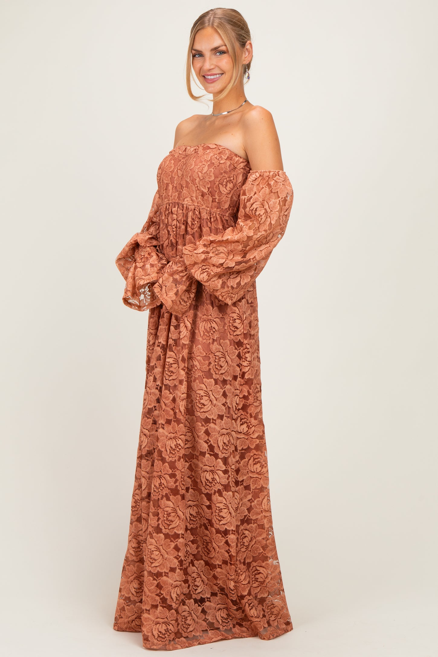 Rust Lace Off Shoulder Long Sleeve Maternity Maxi Dress