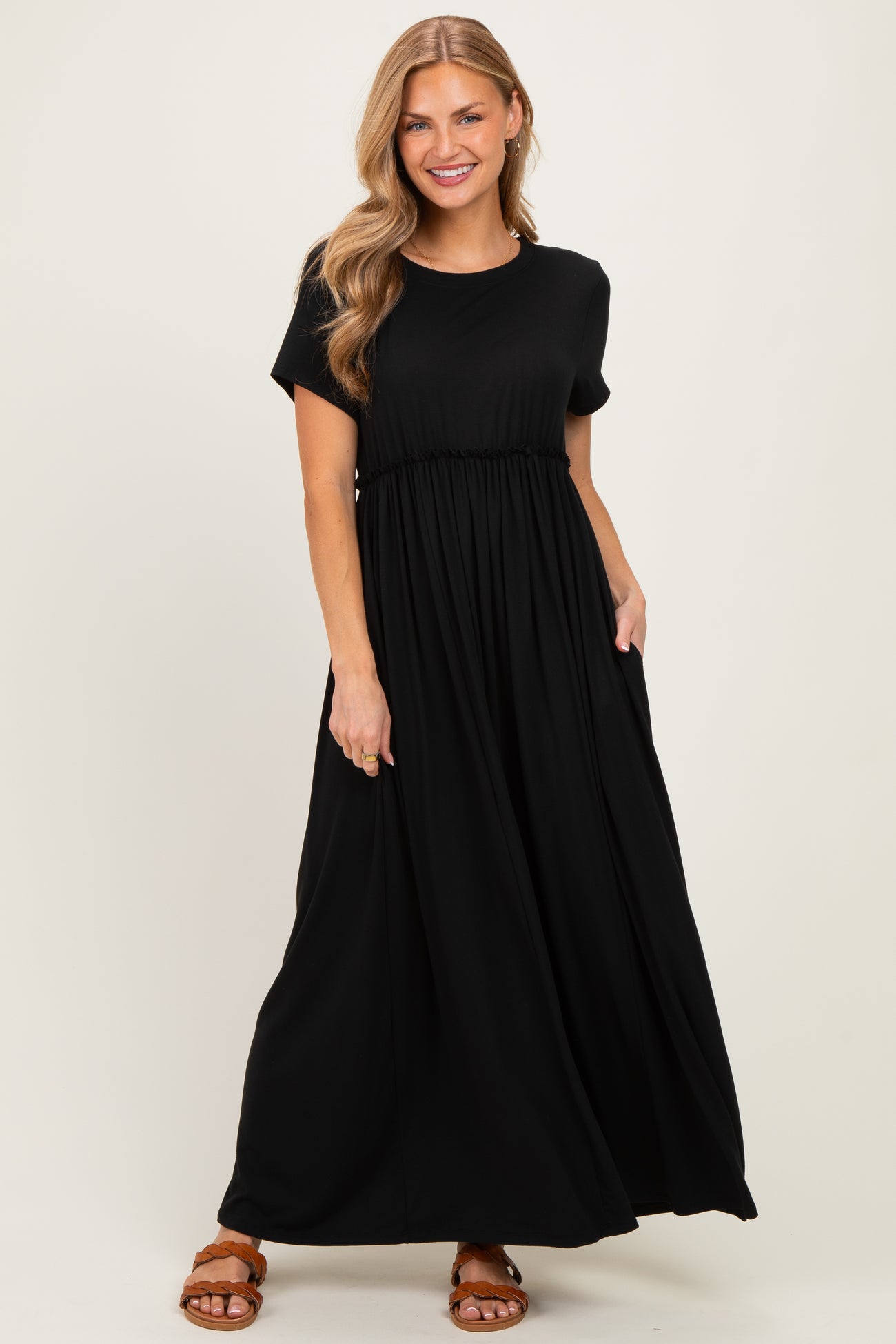 Black Ruffle Trim Maternity Maxi Dress