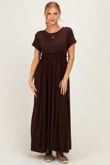 Brown Ruffle Trim Maternity Maxi Dress