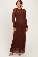 Brown Lace Mock Neck Long Sleeve Maternity Maxi Dress