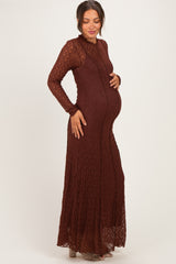 Brown Lace Mock Neck Long Sleeve Maternity Maxi Dress