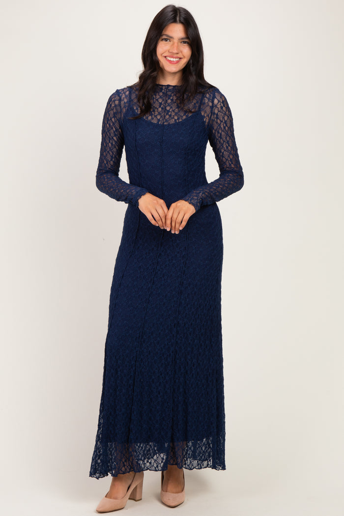 Navy Lace Mock Neck Long Sleeve Maternity Maxi Dress