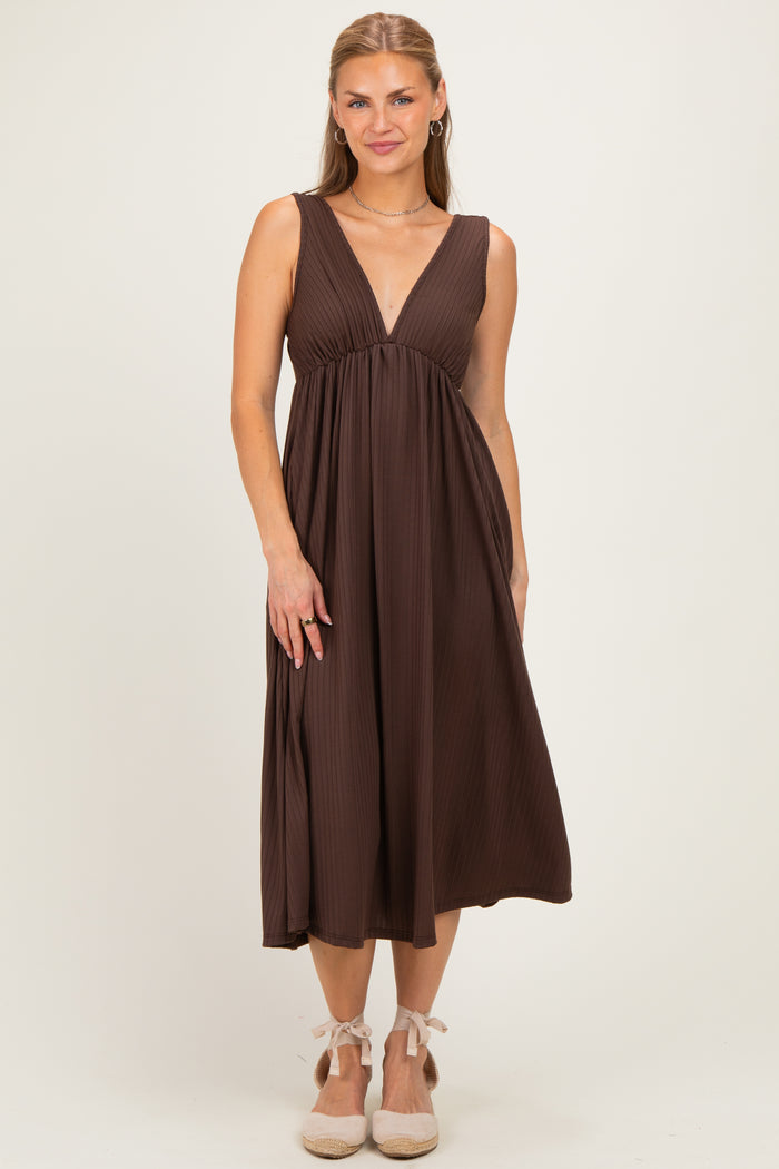 Brown Sleeveless Ribbed Knit A-Line Maternity Midi Dress