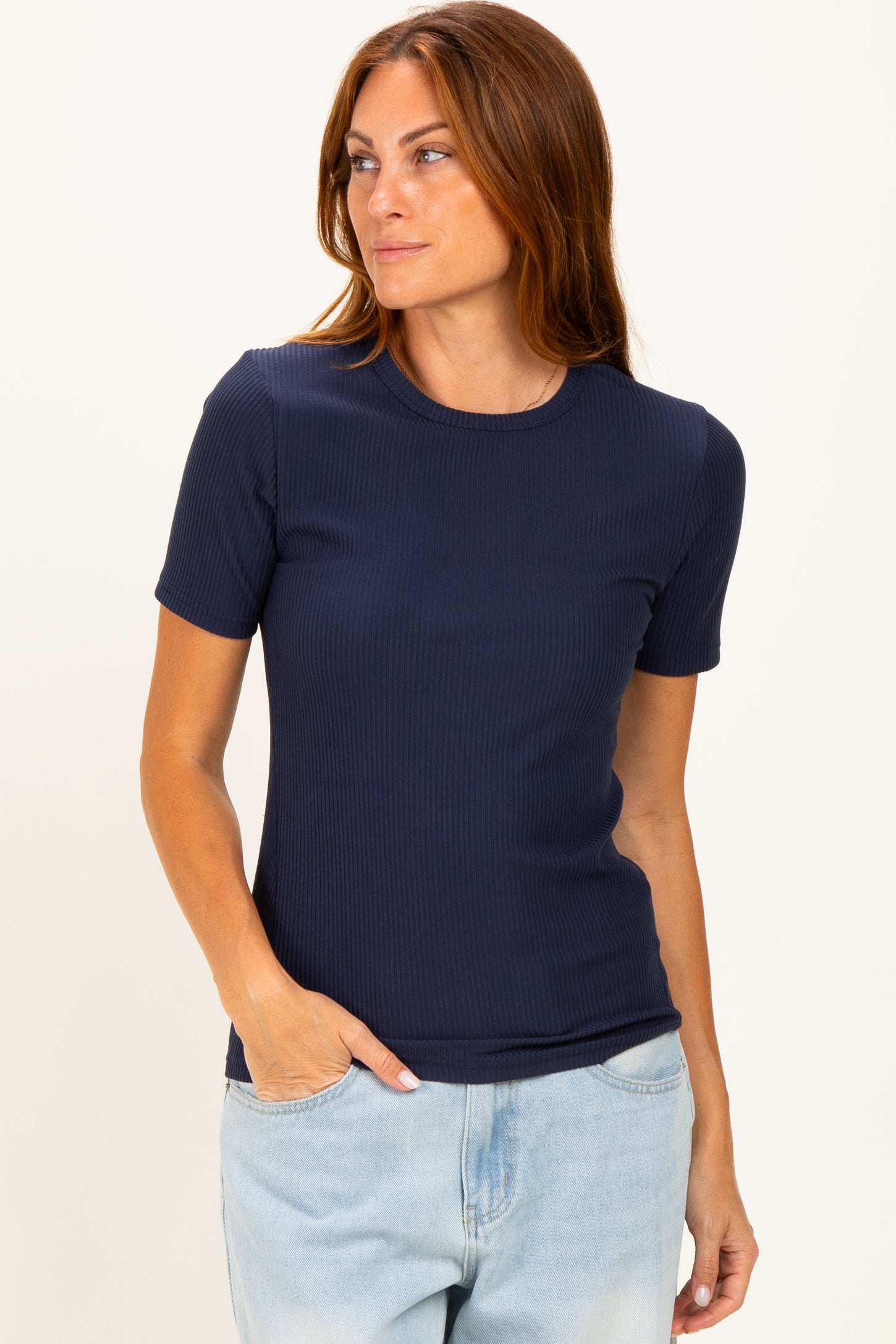 Navy Brushed Ribbed Knit Crewneck Tee