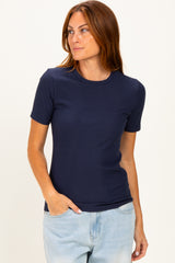 Navy Brushed Ribbed Knit Crewneck Tee