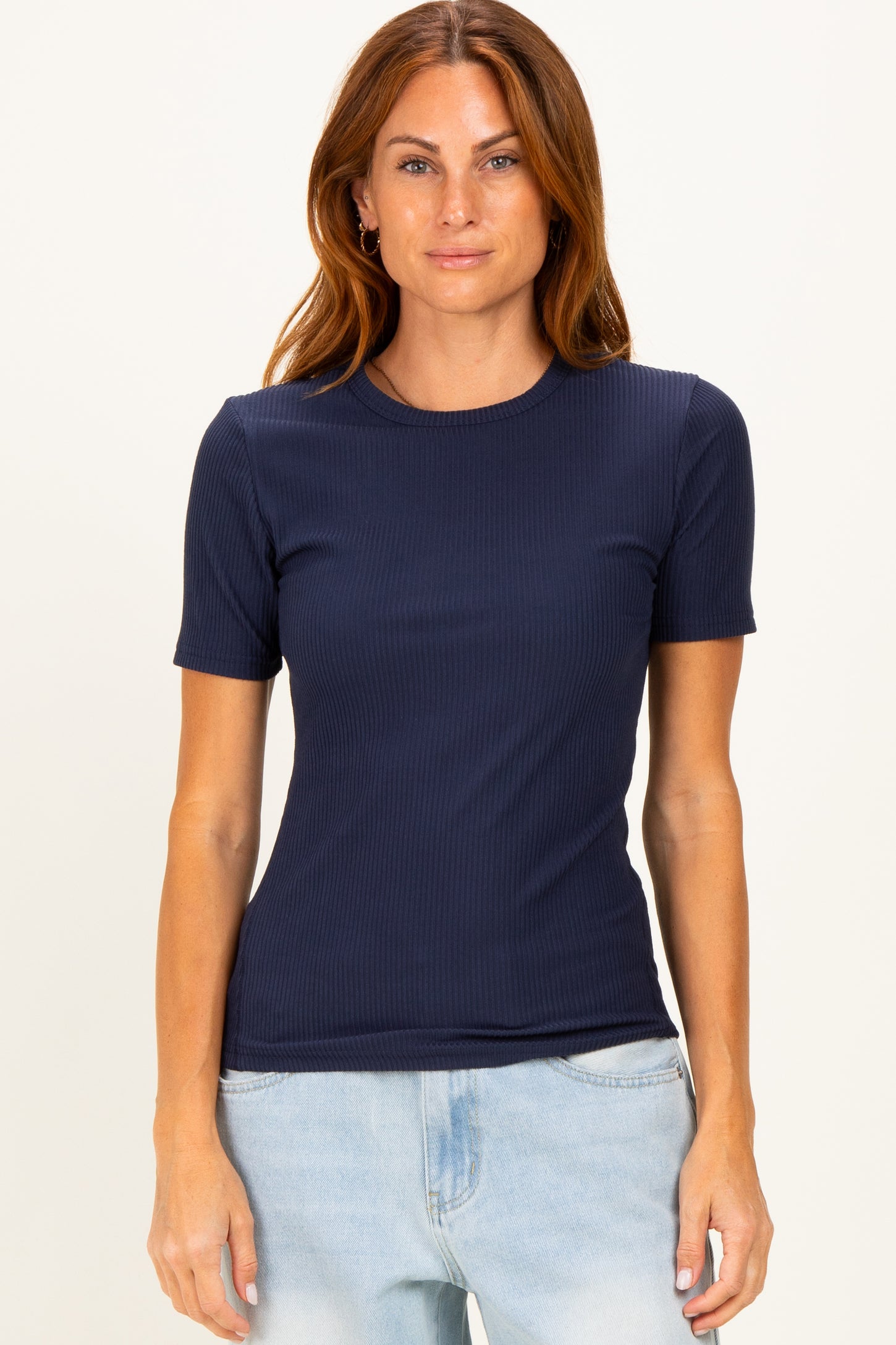 Navy Brushed Ribbed Knit Crewneck Tee