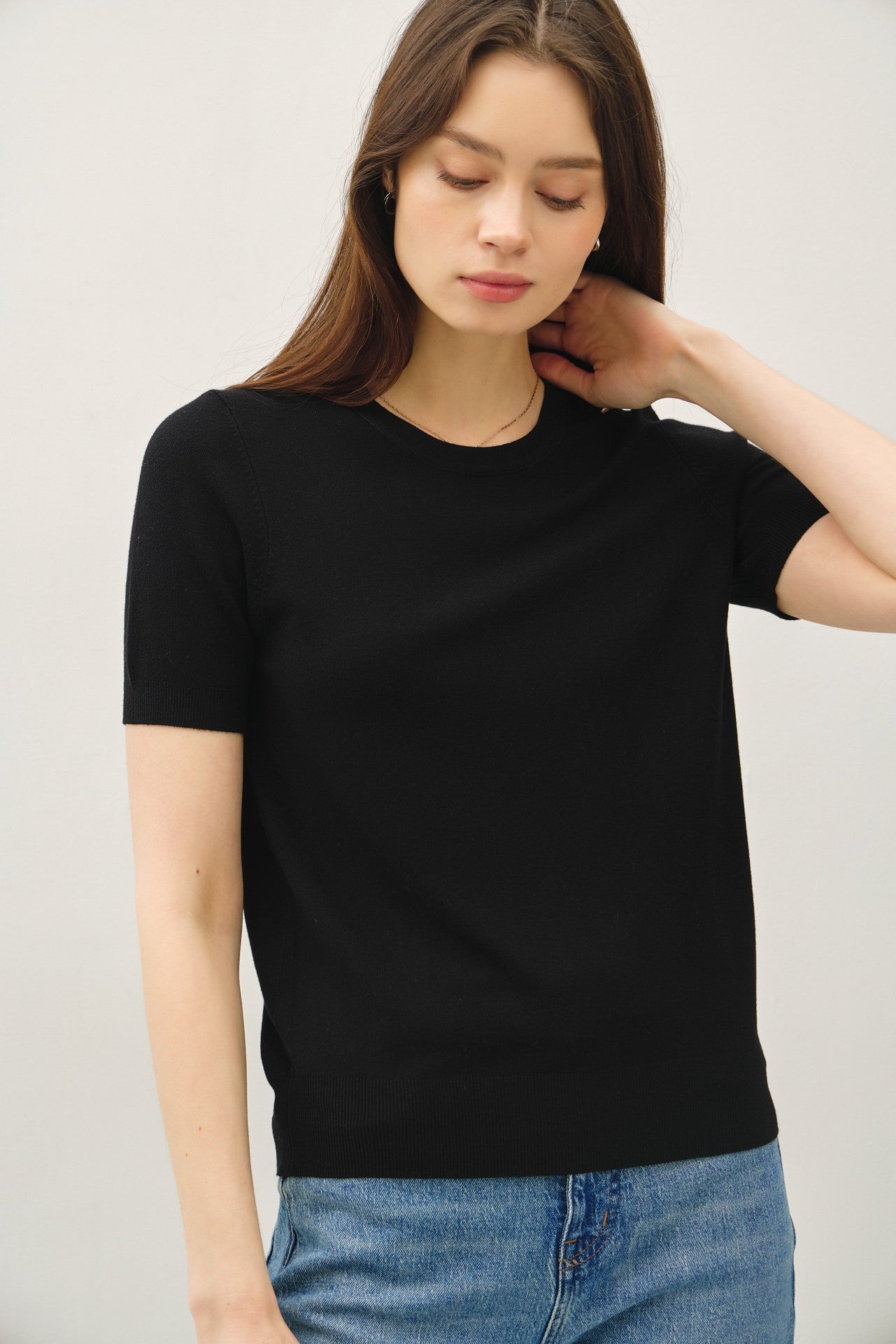 Black Basic Short Sleeve Sweater Top