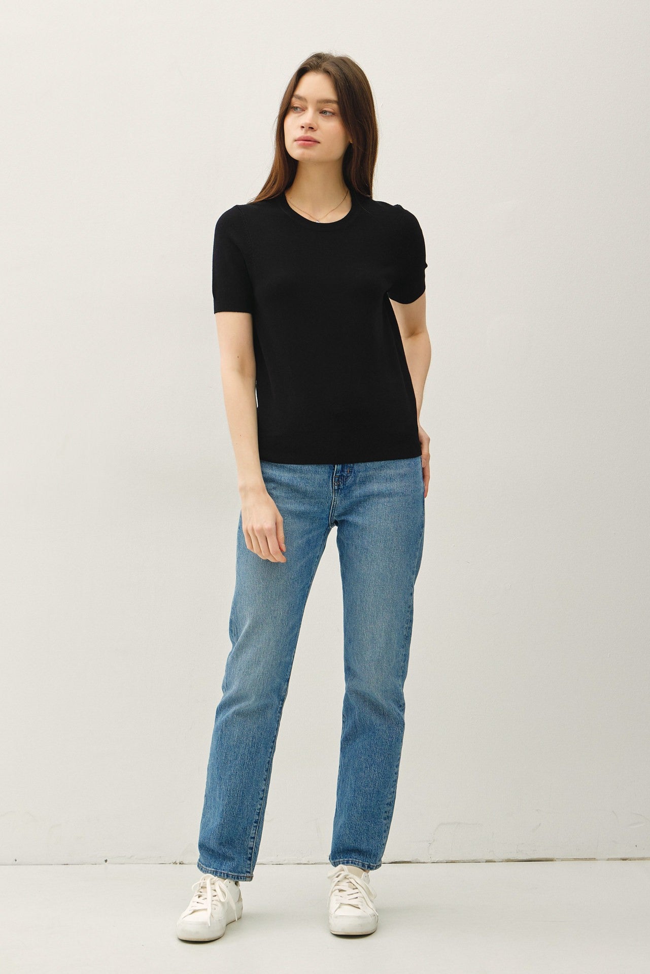 Black Basic Short Sleeve Sweater Top