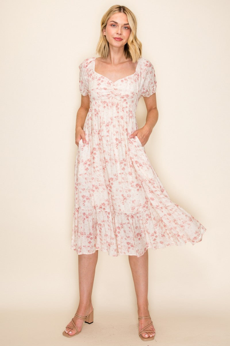 Ivory Floral Sweetheart Neckline Midi Dress