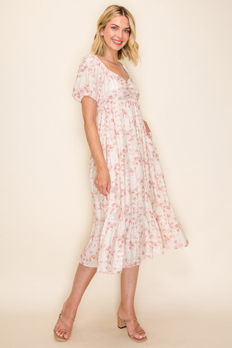 Ivory Floral Sweetheart Neckline Midi Dress