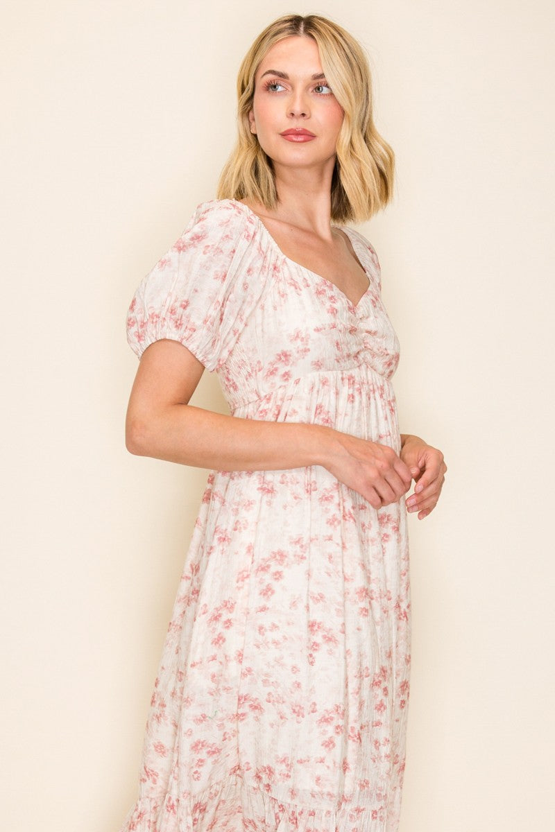Ivory Floral Sweetheart Neckline Midi Dress
