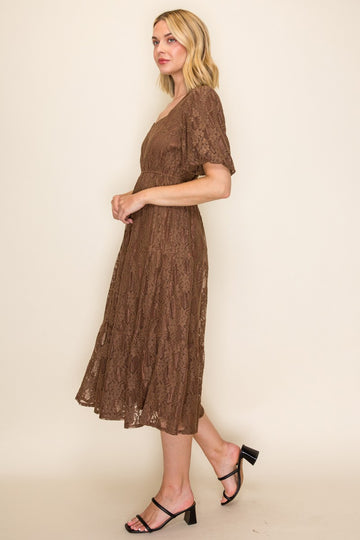 Brown Lace Tired Midi Dress