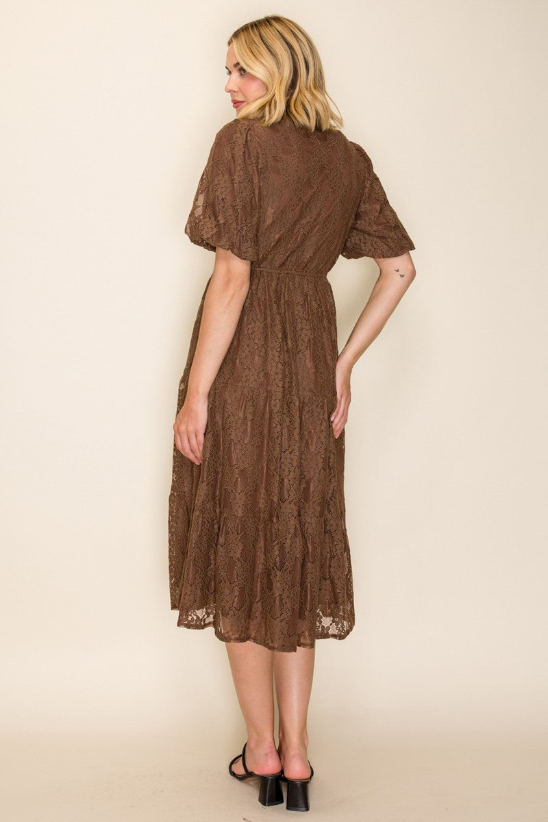 Brown Lace Tired Midi Dress