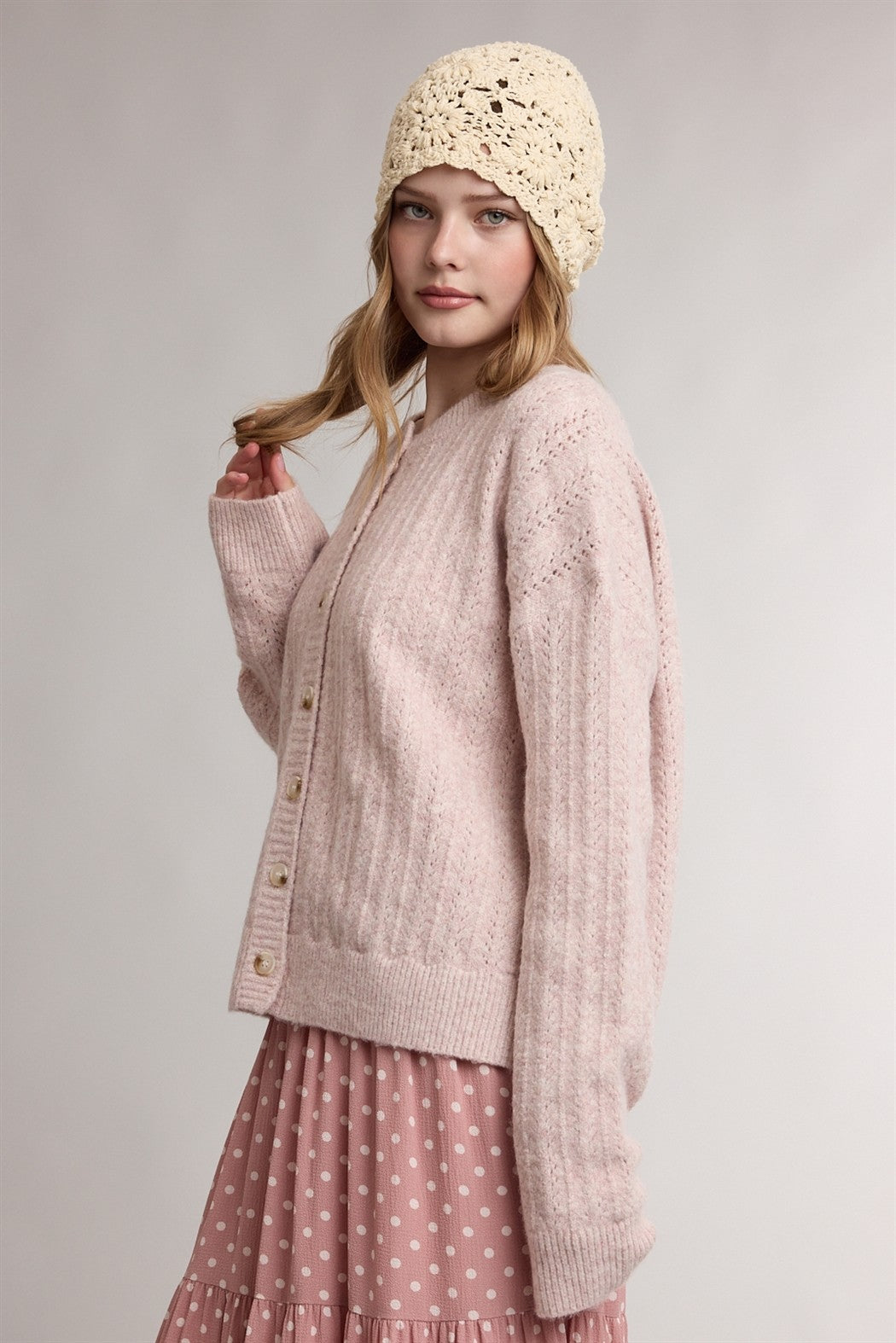 Mauve Pink Pointelle Knit Button Cardigan